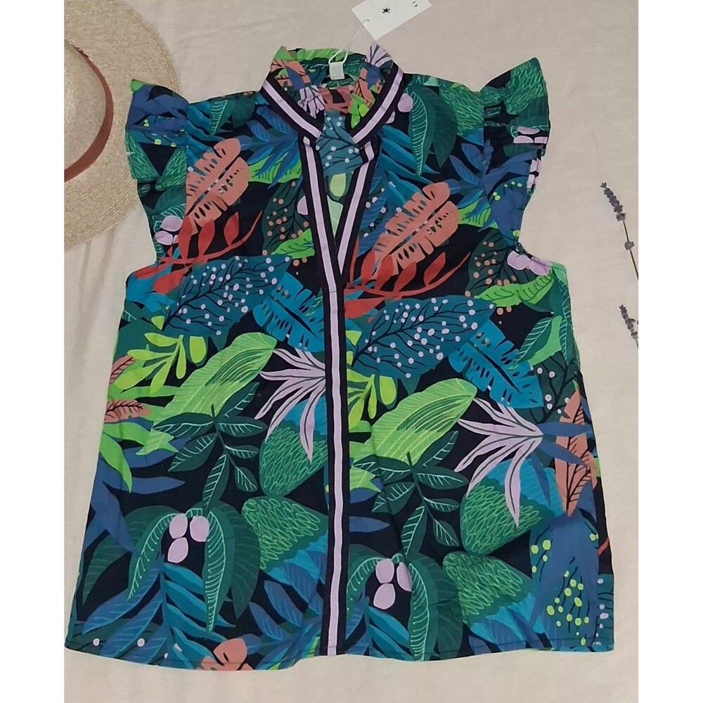 NWT Stellah NY Tropical Print Top Ruffle Sleeve XS Cotton Palm Beach Vibes $144
